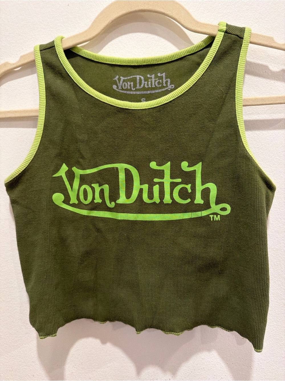 Von Dutch Olive Green Tank with Lime Logo Trim